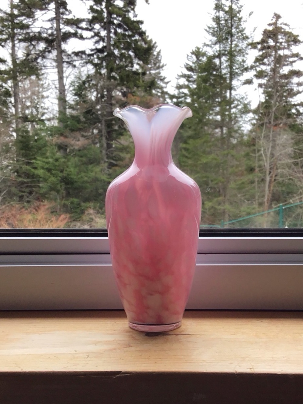 6” Tall Pink Art Glass Vase with Ruffled Rim